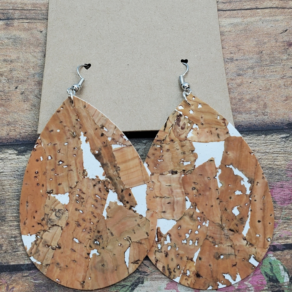 White Vegan Leather and Cork Teardrop Earrings